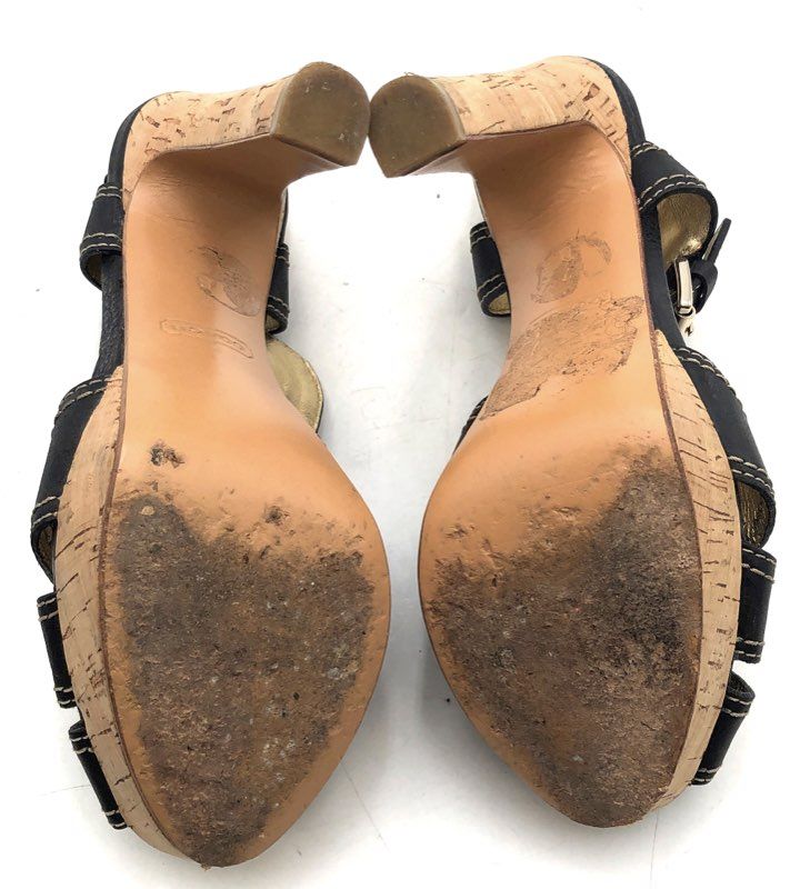 Coach Black Leather T-Strap Cork Platform Block Heels Women's Size 7B