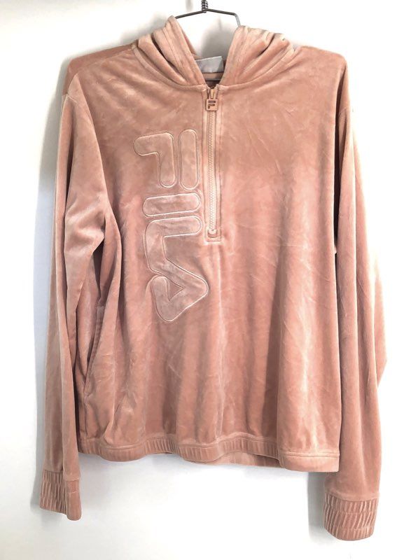 Fila Women's Blush Pink Velour Quarter Zip Pullover Hoodie Embossed Logo Sz L