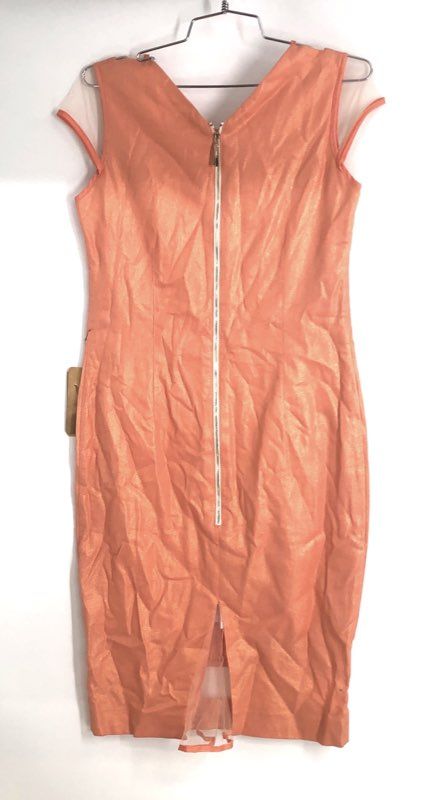 Ledar Women's Morella Sheath Dress Peach Metallic Linen Mesh Trim NWT Sz M