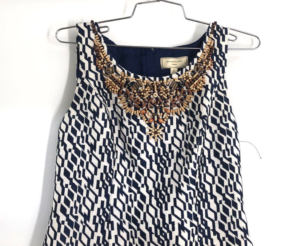 Moulinette Soeurs Women's Navy White Geometric Beaded Neckline Dress Sz 2