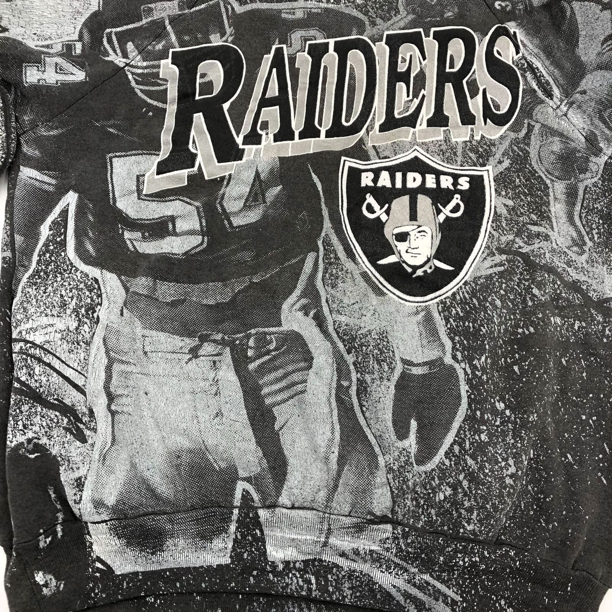 Vintage Oneita Oakland Raiders Football Grey/Black All-Over Print Sweater - XL