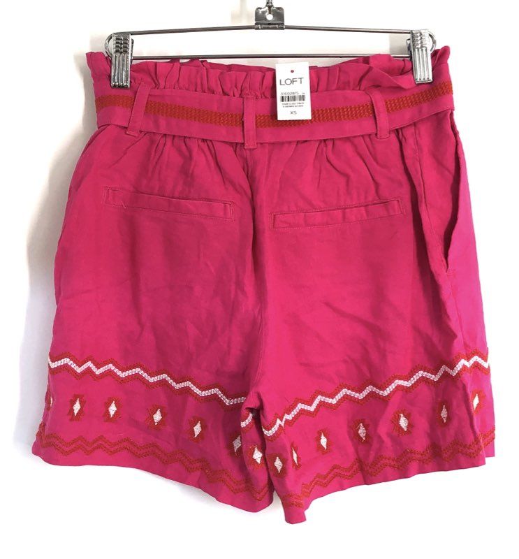 LOFT Women's Pink Embroidered Paperbag Waist Linen Blend Shorts Size XS NWT