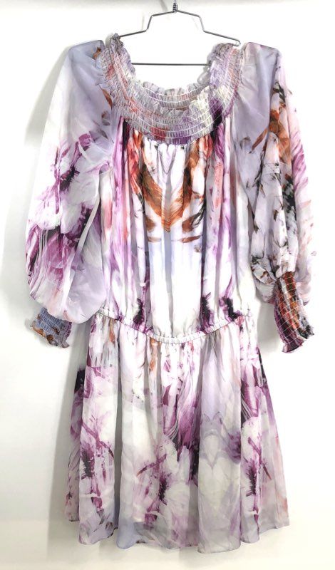 Lola & Sophie Women's Purple Abstract Floral Smocked Off Shoulder Dress NWT Sz L