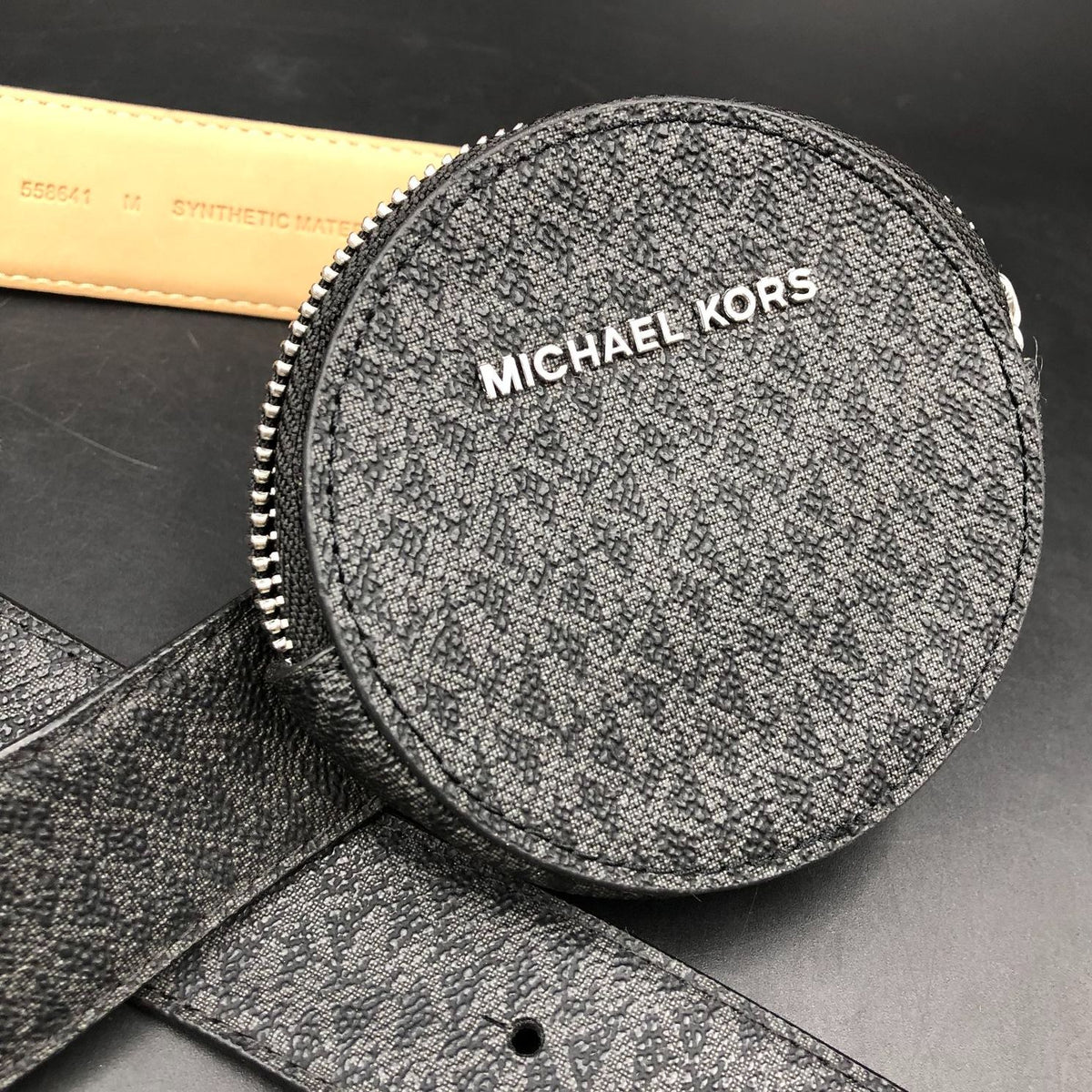 NWT Michael Kors Women's Black Signature Print Belt w/ Zip Pouch - Size M (+COA)