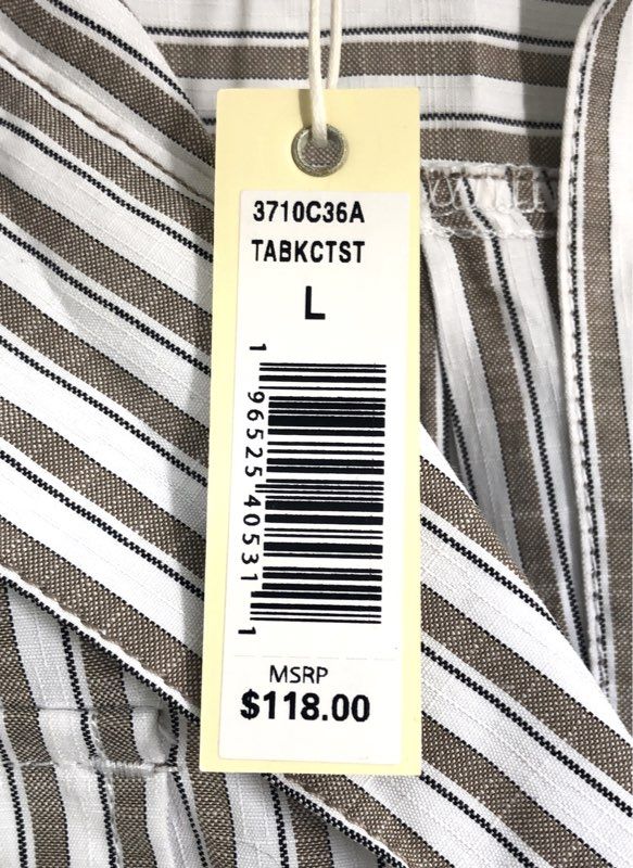 Max Studio London Women's Beige White Striped Roll Tab Popover Blouse NWT Sz L