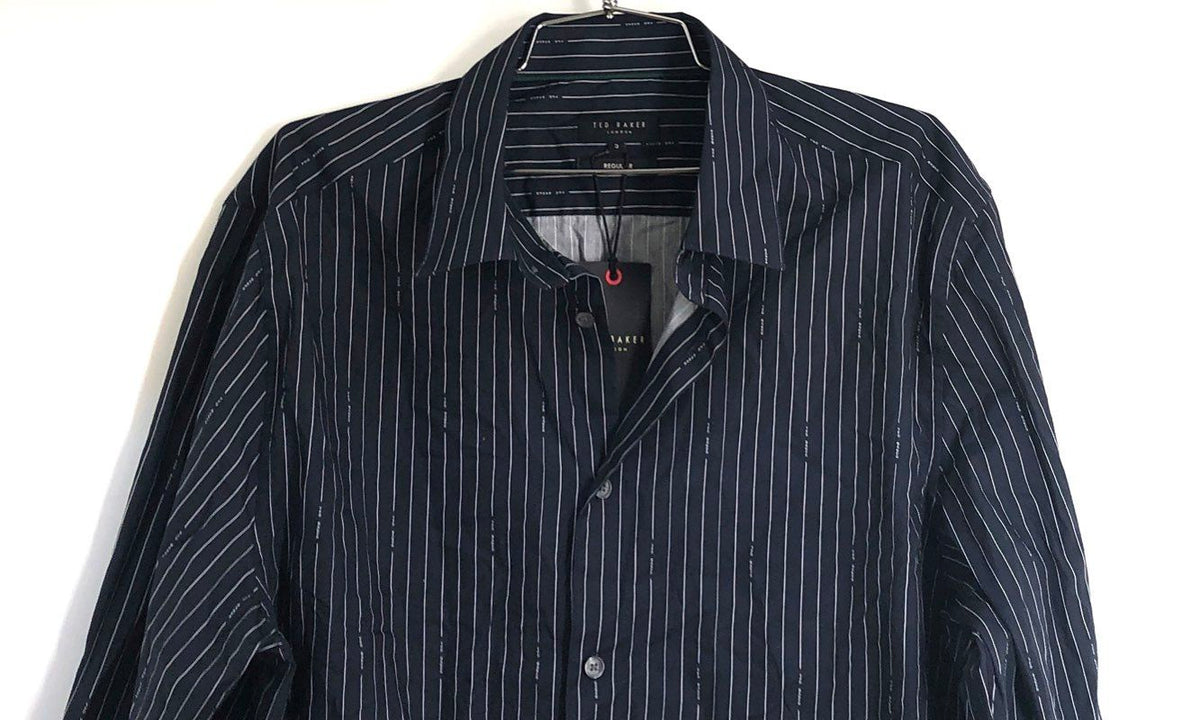 Ted Baker Men's Navy Branded Stripe Print Regular Fit Cotton Shirt Sz 5 NWT