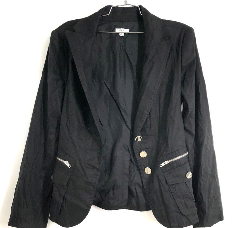 Cache Women's Black Linen Blend Zipper Pocket Back Buckle Blazer Jacket Sz L