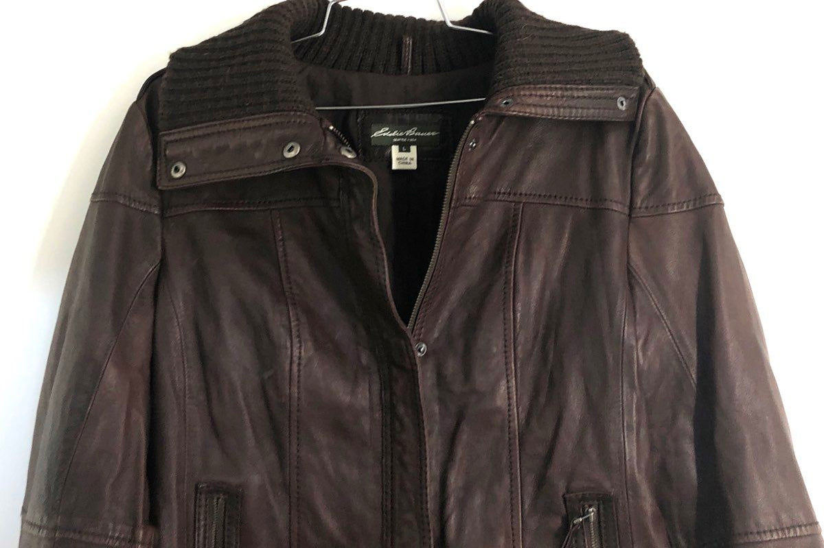 Eddie Bauer Women's Brown Lamb Leather Knit Trim Bomber Jacket Sz L