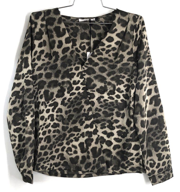 Three Eighty Two Women's Leopard Print V-Neck Surplice Blouse Tan Black NWT Sz S