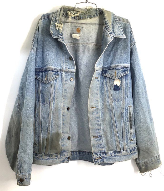 Vintage 90s Carhartt Distressed Light Wash Denim Trucker Jacket Sz L