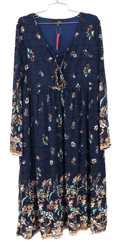 Suzanne Betro Women's Blue Floral Lace Overlay Boho Midi Dress NWT Size 1X