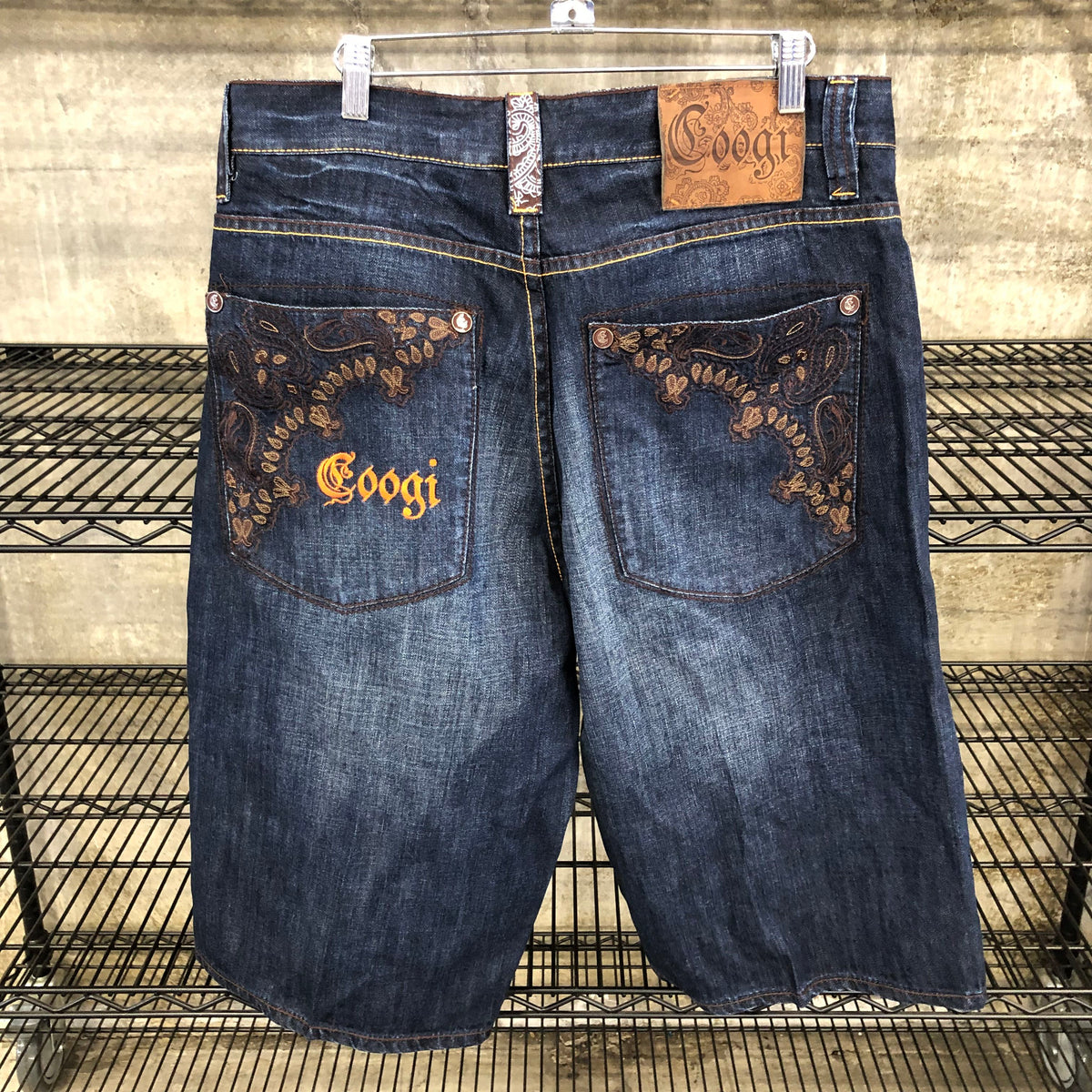 Coogi Men's Indigo Blue Denim Shorts with Orange Embroidery - Size 34