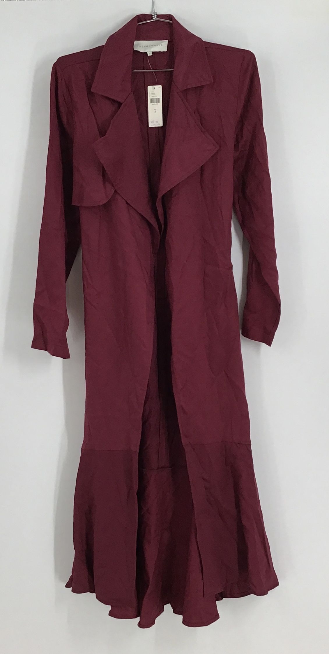 NWT Frenchmauve Women&#39;s Wine Cabernet Mermaid Ruffle Trench Coat - Size Small