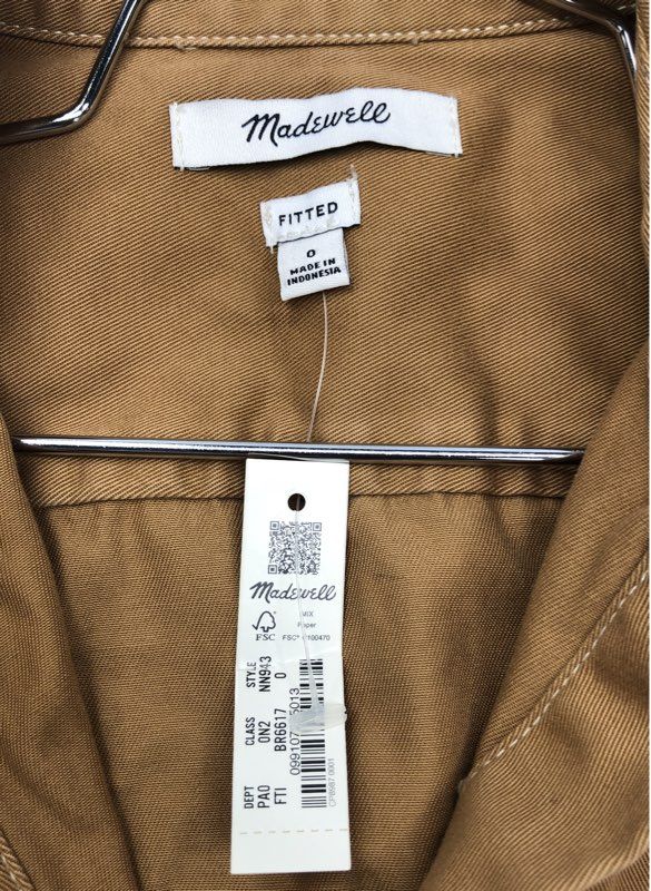 Madewell Women's Brown Camel Contrast Stitch Fitted Button Down Shirt Sz 0 NWT
