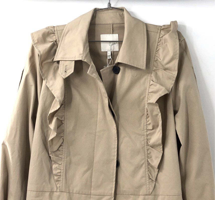 Joie Women's Jemina Trench Coat Tan Ruffle Belted NWT Sz L