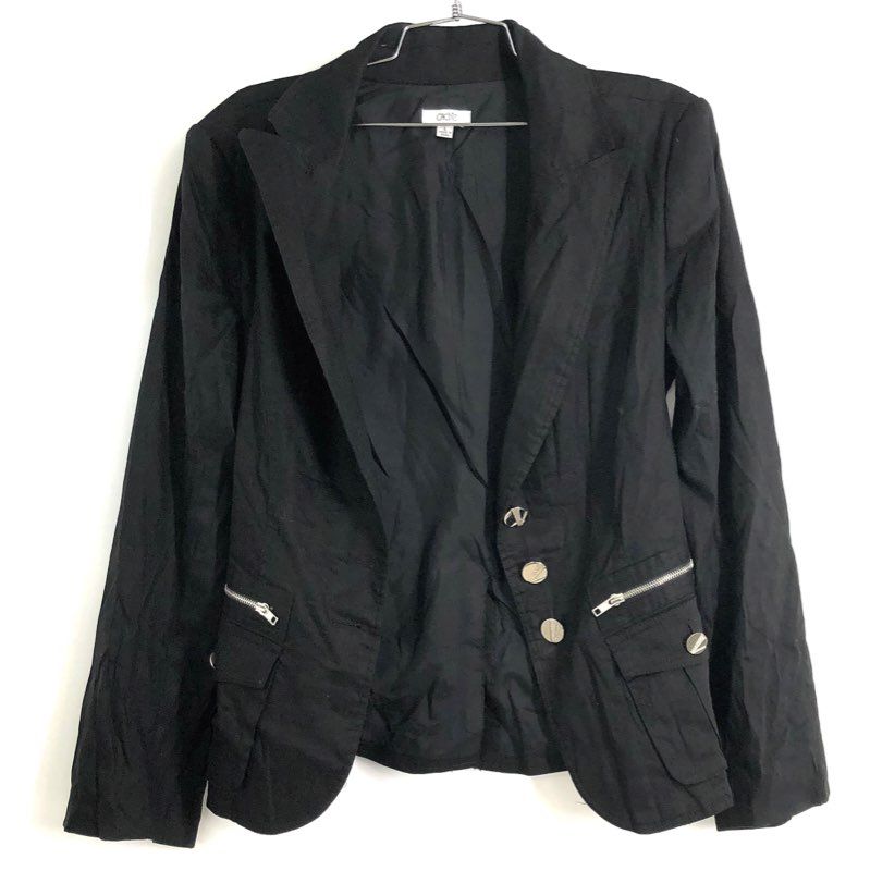 Cache Women's Black Linen Blend Zipper Pocket Back Buckle Blazer Jacket Sz L