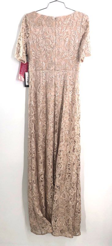 Adrianna Papell Women's Blush Sequin Lace Gown Short Sleeve Maxi Dress Sz 4 NWT