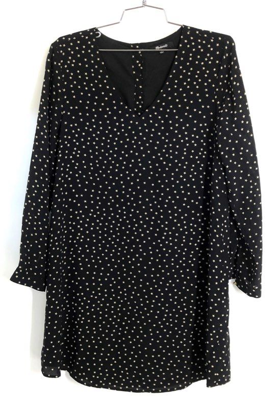 Madewell Women's Black Silk Star Print Long Sleeve V-Neck Mini Dress Size S