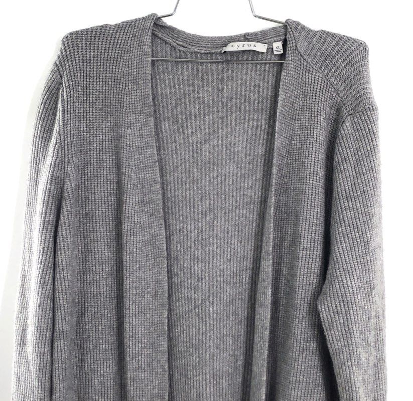 Cyrus Women's Gray Ribbed Knit Open Front Duster Cardigan Pockets Size XL