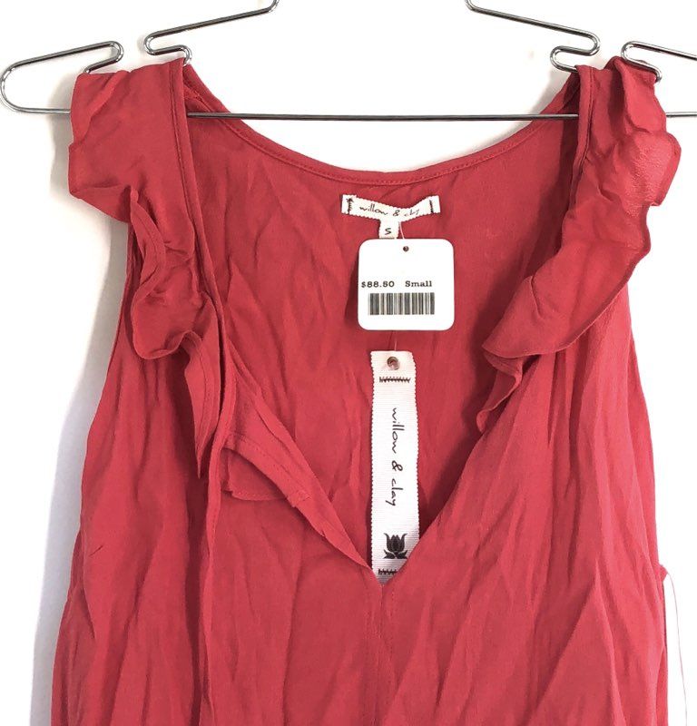 Willow & Clay Women's Red Ruffle Deep V-Neck Pom Pom Hem Blouse Top NWT Sz S