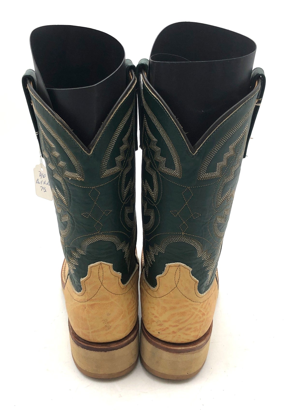 Anderson Bean Tan Bull Hide Green Leather Western Cowboy Boots Size 7.5