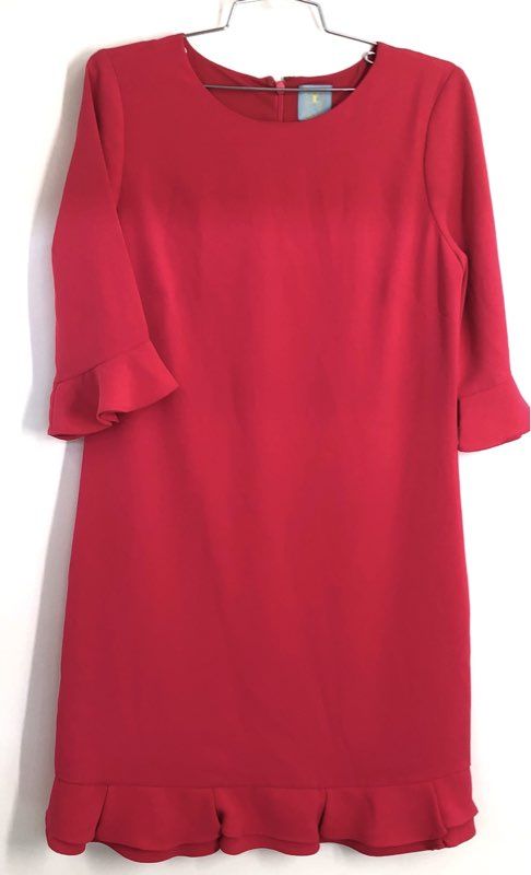 CeCe Women's Red Ruffle Hem & 3/4 Sleeve Crepe Shift Dress Sz 4
