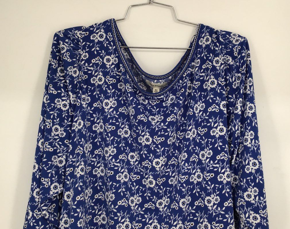 NWT Max Studio Women&#39;s Blue Floral Print Long Sleeve Tunic Top - Size 3X