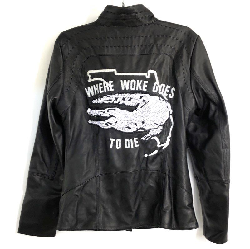 NY Jackets Casey DeSantis Where Woke Goes To Die Black Leather Jacket Sz L