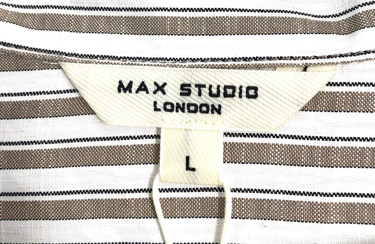 Max Studio London Women's Beige White Striped Roll Tab Popover Blouse NWT Sz L