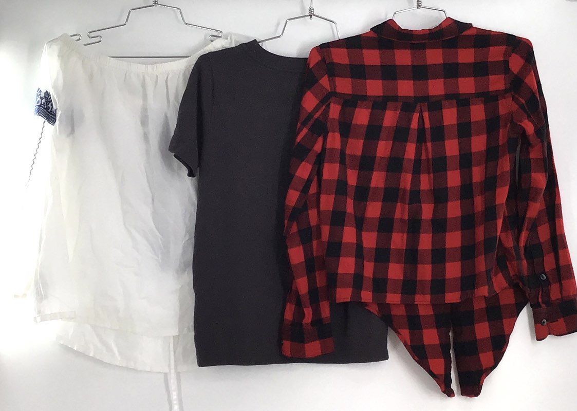 Madewell Women's Bundle 3 Pieces Embroidered Blouse Gray Tee Plaid Shirt XXS XS