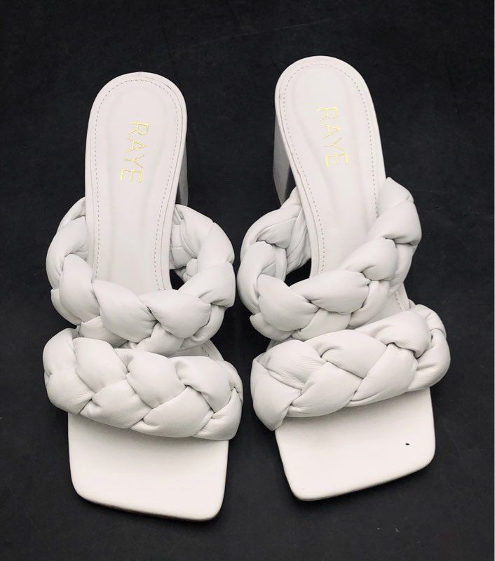 Raye White Leather Braided Double Strap Block Heel Square Toe Sandals Size 8
