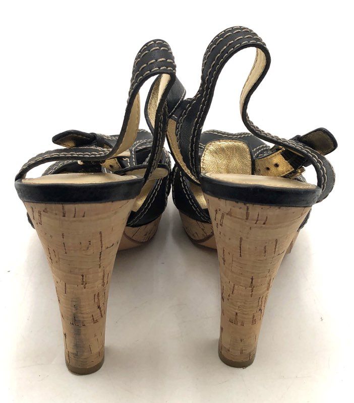 Coach Black Leather T-Strap Cork Platform Block Heels Women's Size 7B