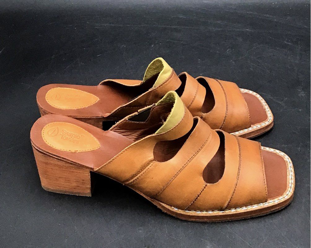 Sergio Tomani Brown Leather Cutout Block Heel Mules Sandals Womens Size EU 40