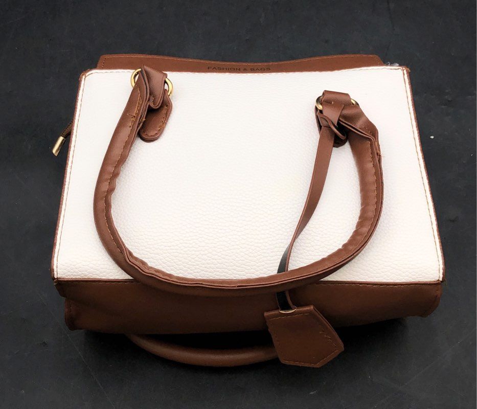Fashion & Bags White Brown Faux Leather Structured Satchel Crossbody Handbag