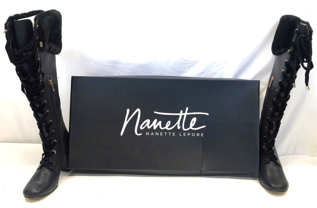 Nanette Lepore Black Faux Leather Fur Trim Lace Up Knee High Boots Size 10