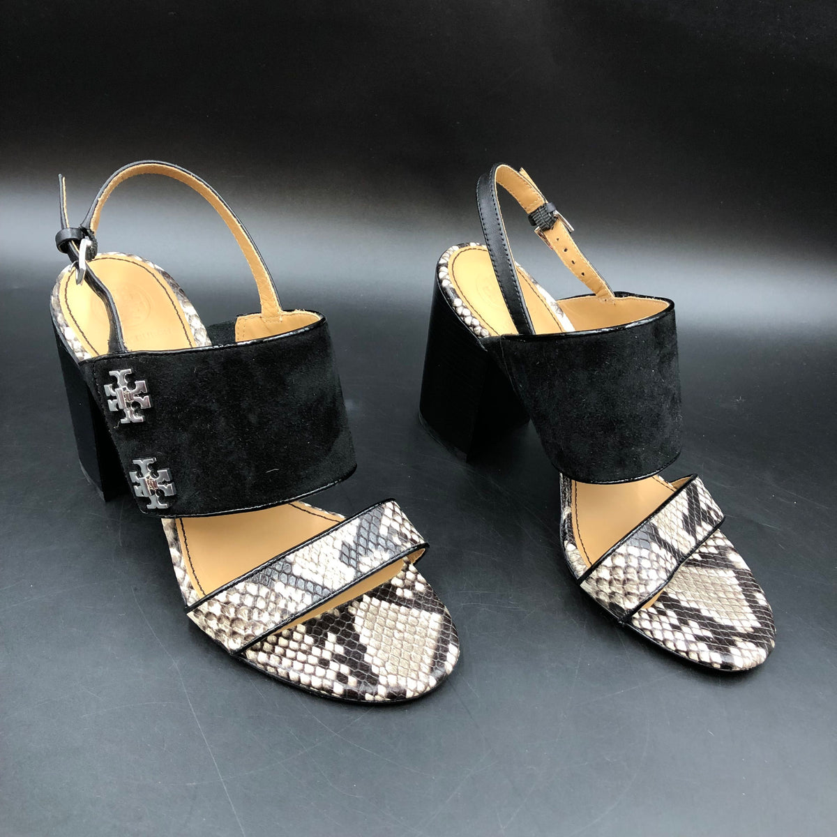 Tory Burch Black Suede Snakeskin Block Heel Sandals Size 7 COA