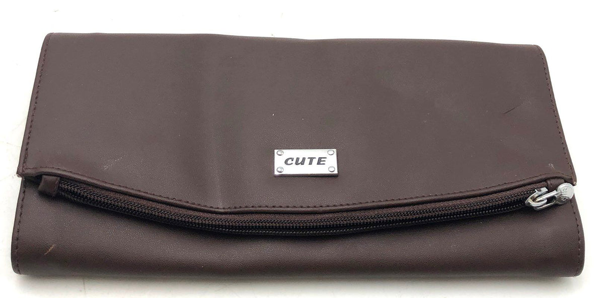 Cute Brown Faux Leather Continental Tri-Fold Wallet Multi-Pocket Zipper Purse