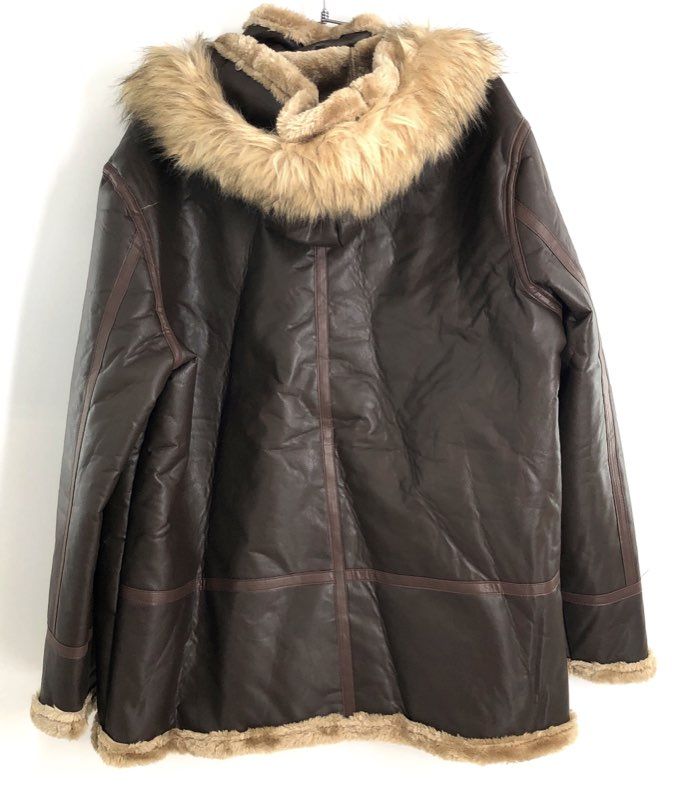Men's Brown Faux Leather Shearling Hooded Bomber Jacket Toggle Closure Sz 2XL