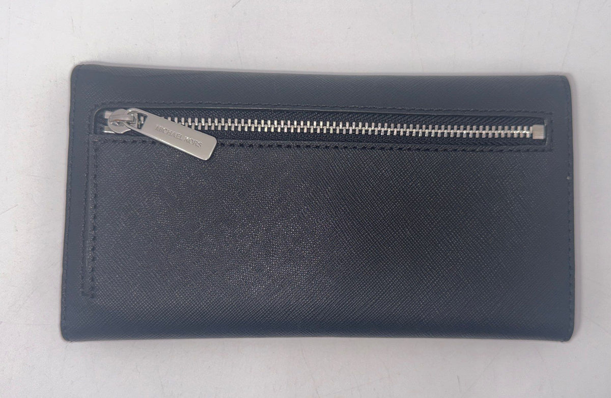 Michael Kors Black Saffiano Leather Trifold Flap Long Wallet Silver Hardware