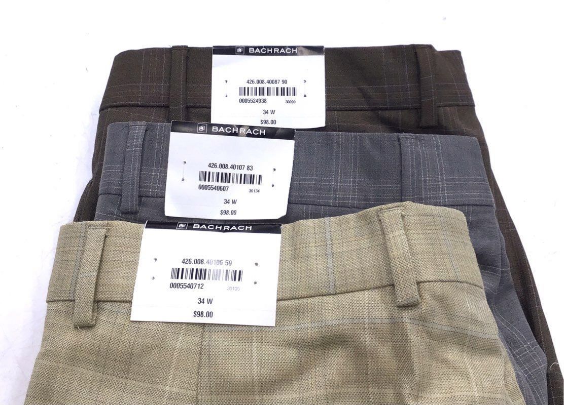 NWT Bachrach Men's Brown Gray Tan Plaid Wool Dress Pants - Size 34W Lot Of 3
