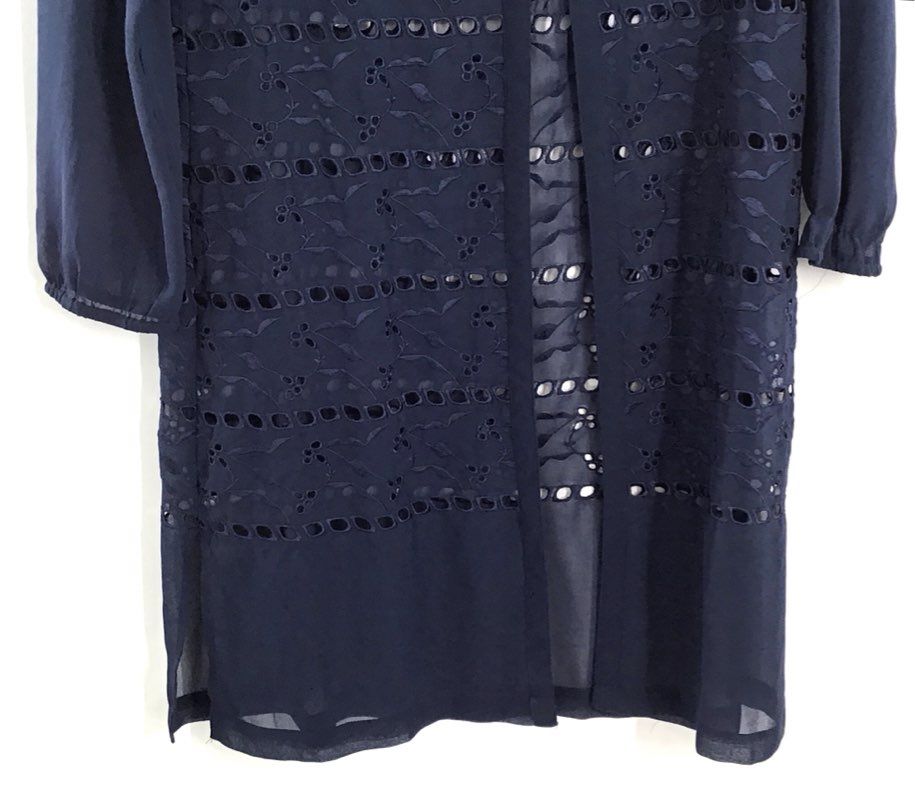Chico's Women's Navy Blue Eyelet Broderie Anglaise Open Front Topper Jacket Sz 0