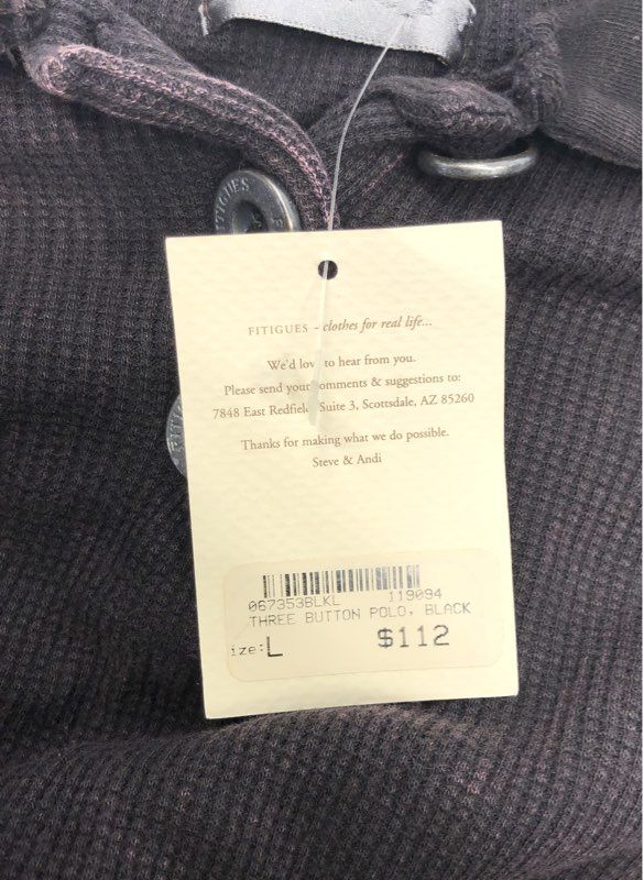 Fitigues Men's Black Long Sleeve Waffle Knit Three Button Polo NWT Size L