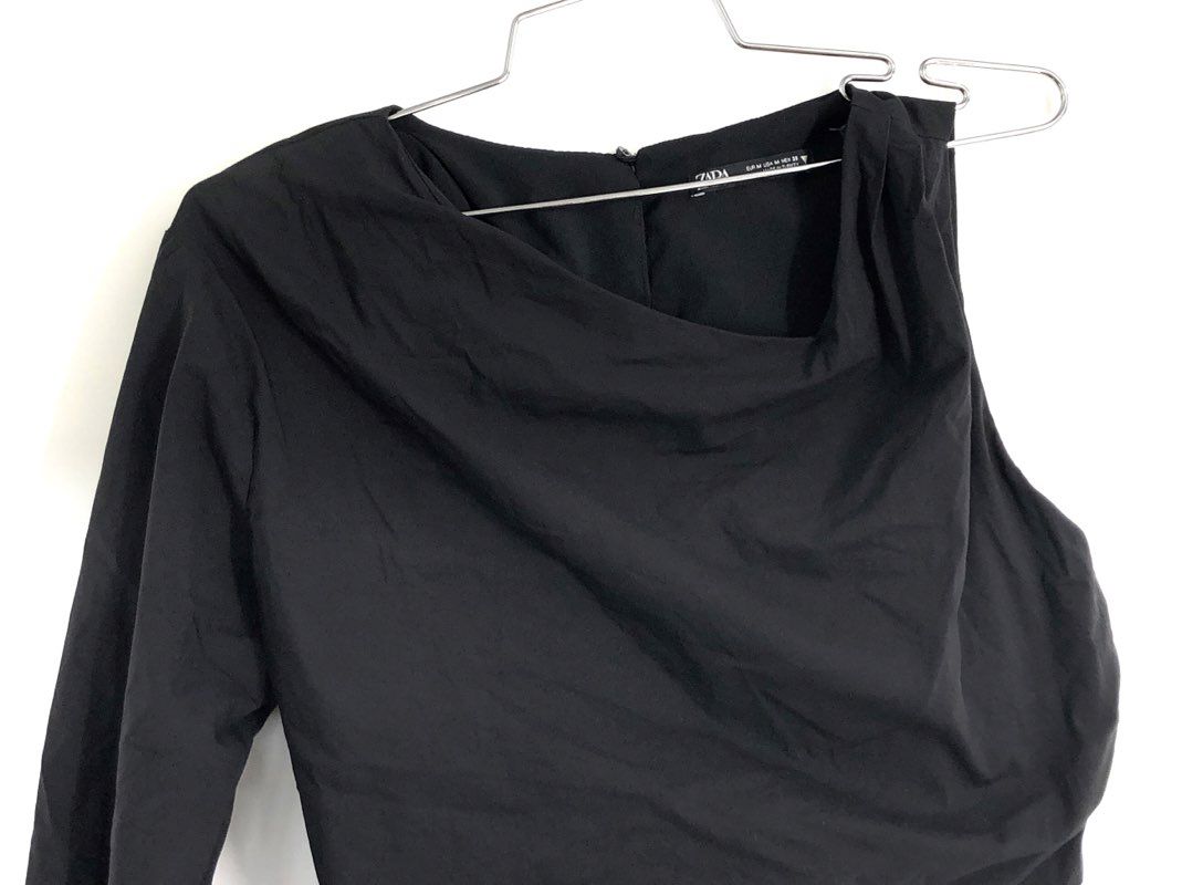 Zara Women's Black One Shoulder Draped Neck Long Sleeve Cropped Top Sz M