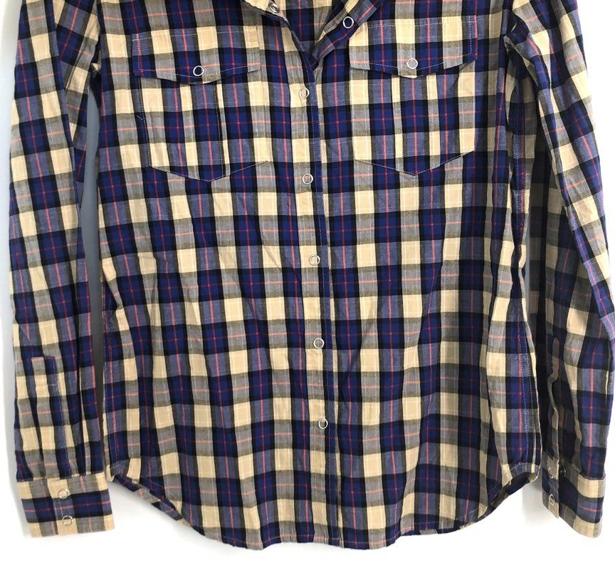 Barneys New York CO-OP Women's Western Snap Shirt Blue Tan Plaid Sz XS