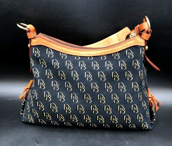 Dooney & Bourke Black Canvas Signature Satchel Shoulder Bag Brown Leather COA