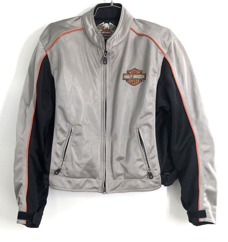 Harley-Davidson Silver Mesh Riding Jacket Orange Piping Bar & Shield Sz L