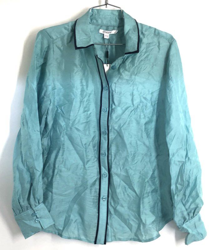 Chico's Women's Piping Shirt Aquatic Teal Button Front Long Sleeve Sz 1 NWT
