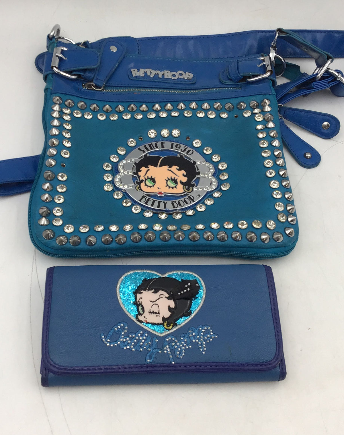 Betty Boop Women&#39;s Blue Rhinestone Crossbody Bag &amp; Tri-Fold Wallet Lot Of 2