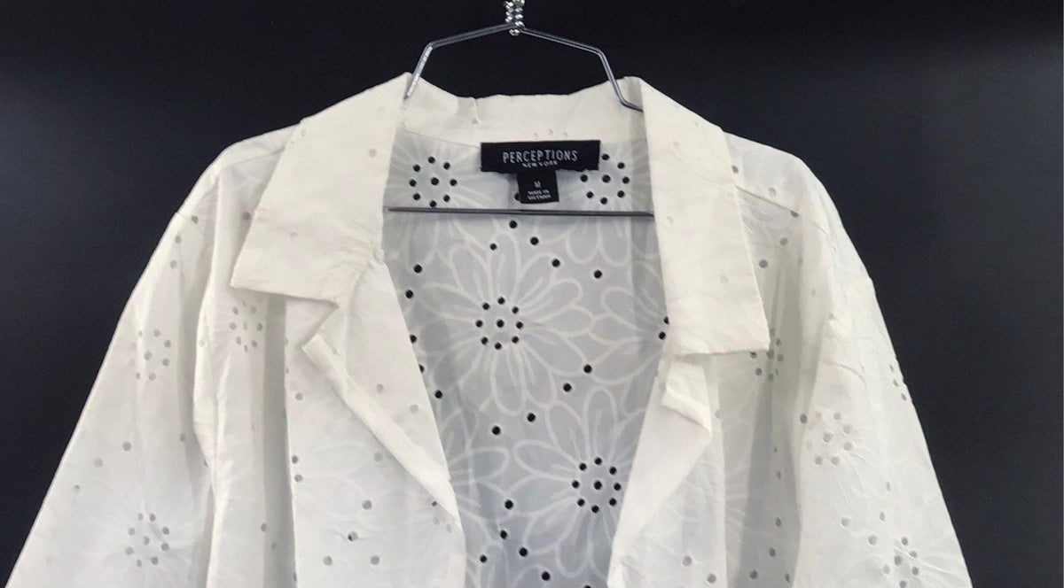 Perceptions Women's White Cotton Floral Eyelet Open Front Blazer NWT Sz M