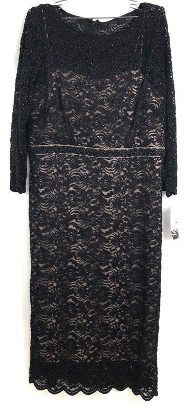 Alex Evenings Women's Black Lace Beaded Waist Long Sleeve Dress Sz 14W NWT